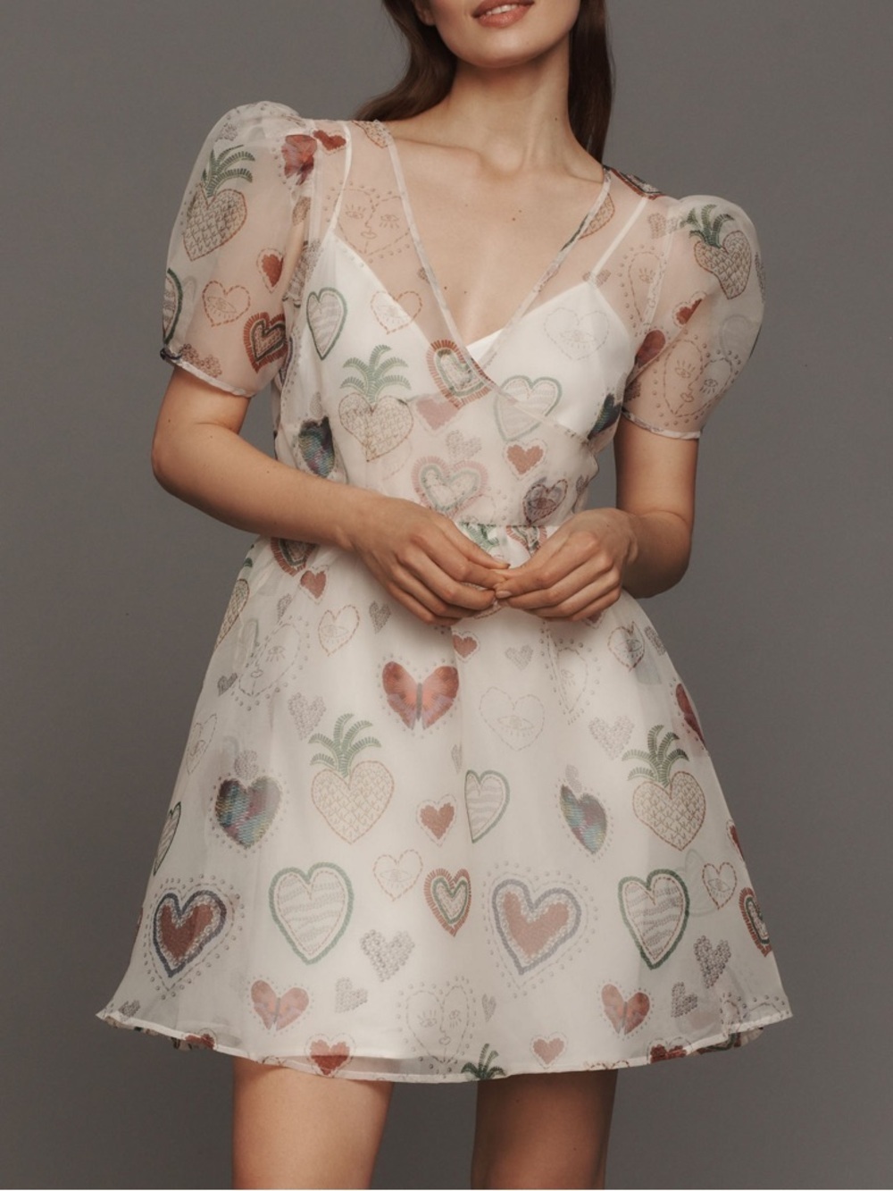 Farm Rio Semi-Sheer Puff-Sleeve Mini Dress Size S